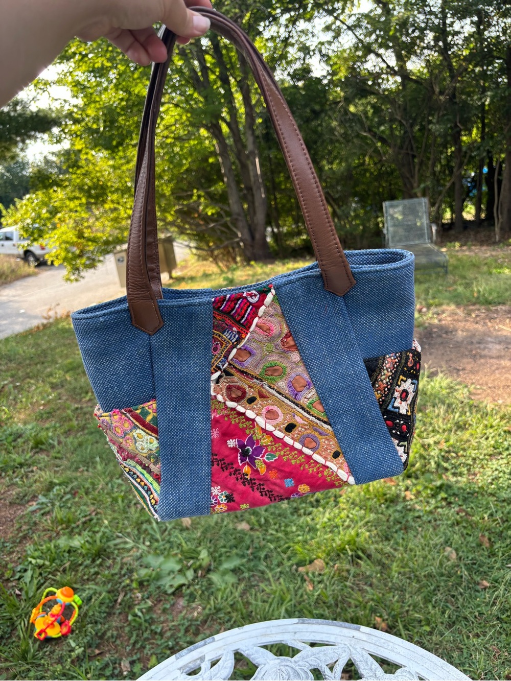 Blue Denim Shoulder bag with Multicolor Patchwork Panels